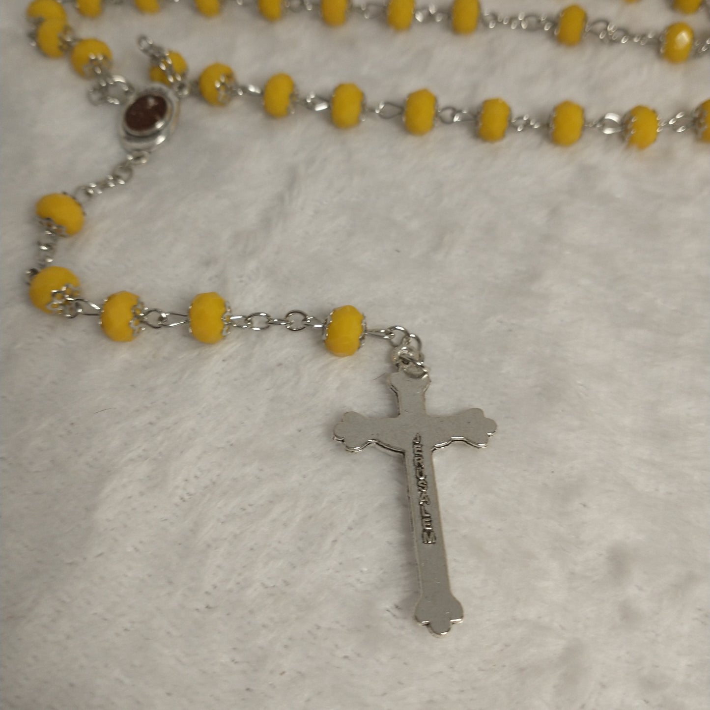 Crystal dark yallow rosary with holy Soil from Jerusalem hand made .this rosary for prayers forst Communion . Baptism