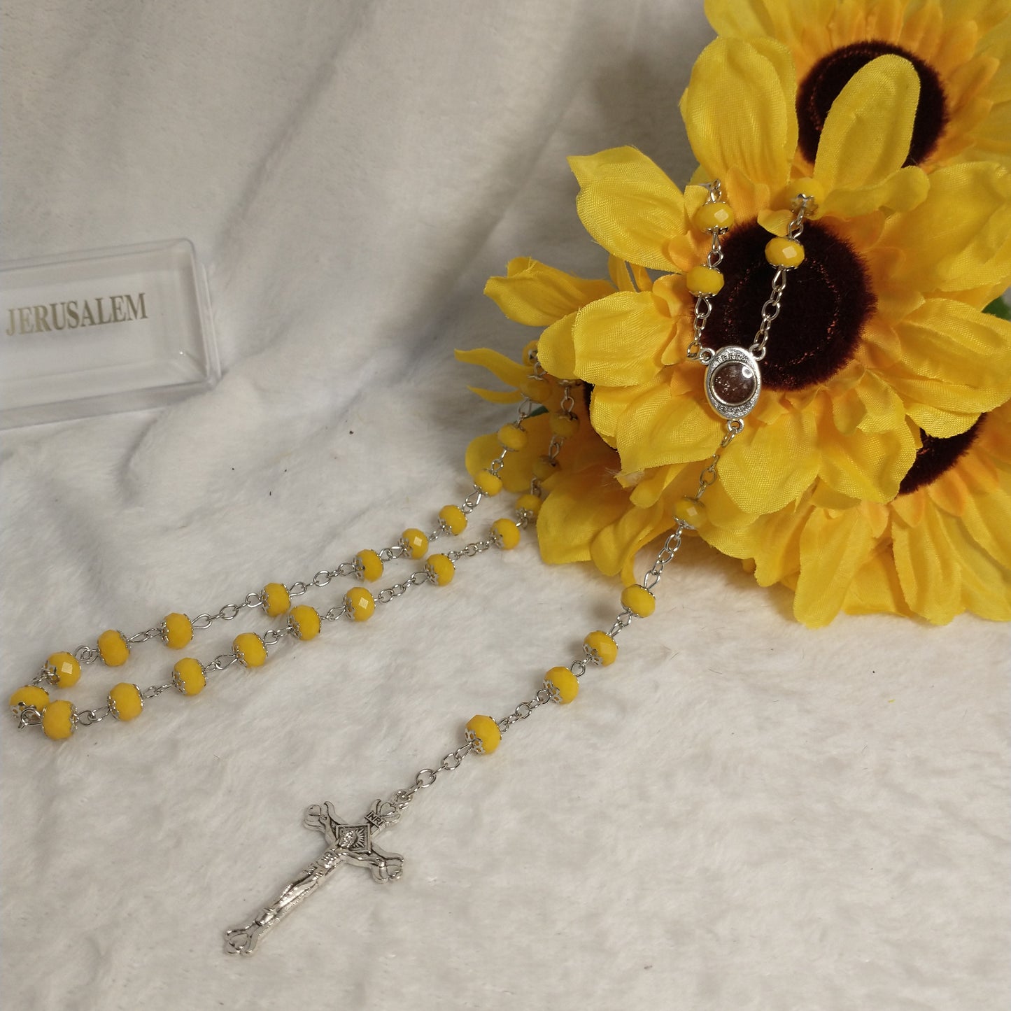 Crystal dark yallow rosary with holy Soil from Jerusalem hand made .this rosary for prayers forst Communion . Baptism