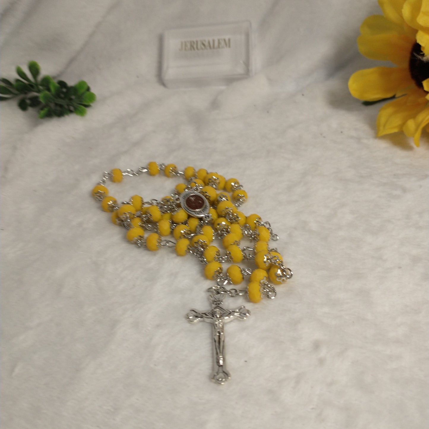 Crystal dark yallow rosary with holy Soil from Jerusalem hand made .this rosary for prayers forst Communion . Baptism