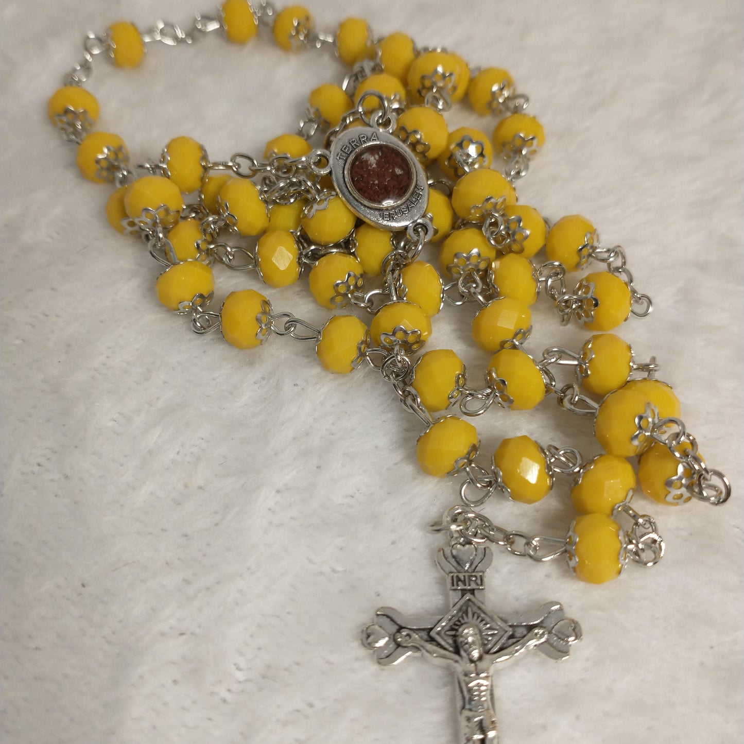 Crystal dark yallow rosary with holy Soil from Jerusalem hand made .this rosary for prayers forst Communion . Baptism