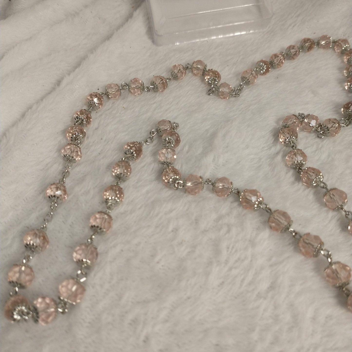 Crystal light  clear pink rosary with soil from Jerusalem .hand made this rosary for pryers First Communion . Baptism