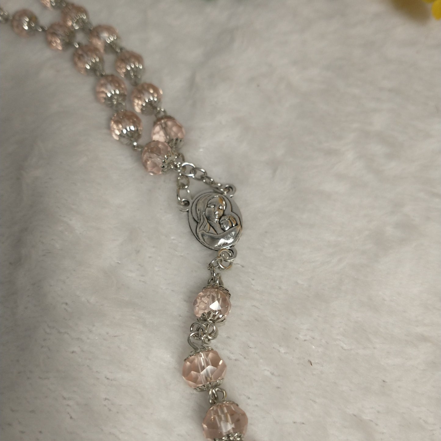 Crystal light  clear pink rosary with soil from Jerusalem .hand made this rosary for pryers First Communion . Baptism