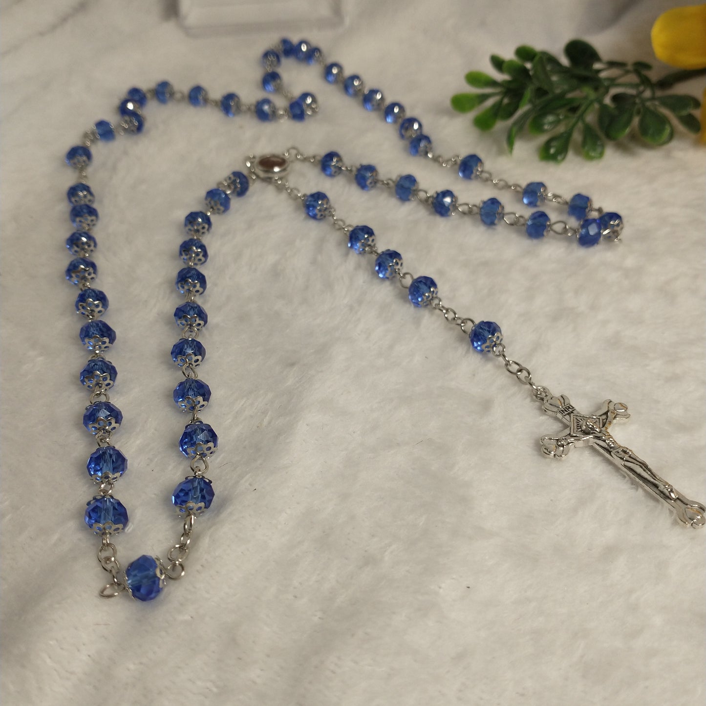 Crystal light blue color with Holy soil from Jerusalem .hand made .this rosary for prayers .first Communion . Baptism