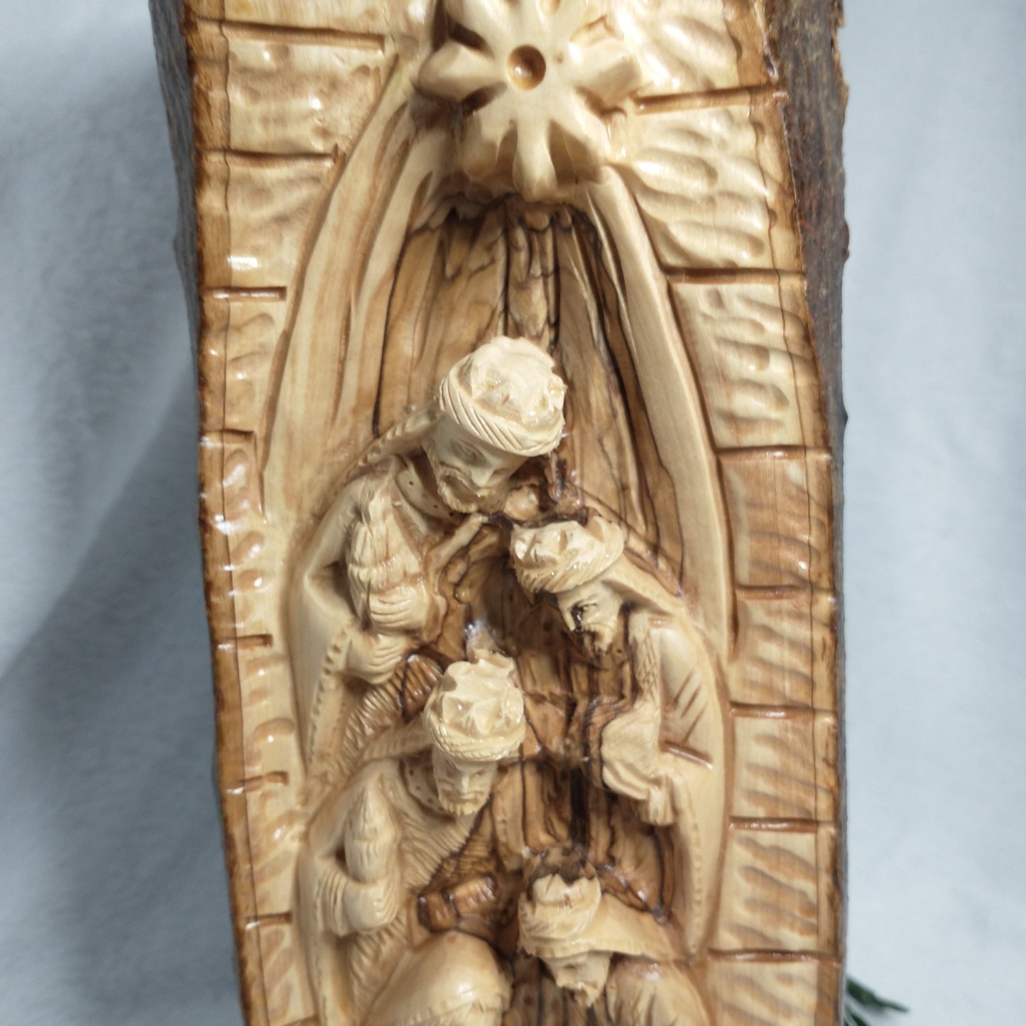 Natural branch olive wood  Hand Carved  Nativity Set .