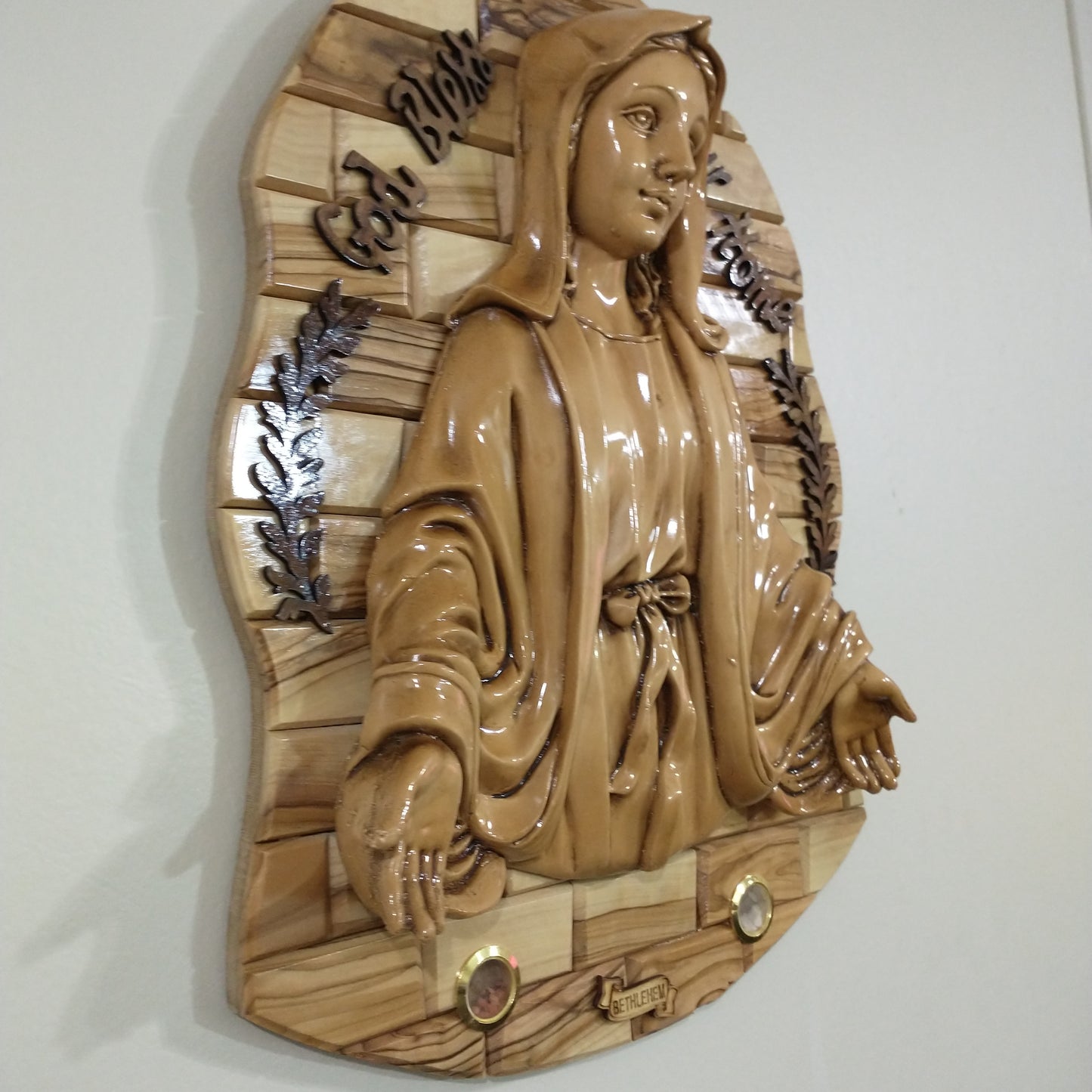 Icono, Virgen María, el dulce Corazón, Madera de olivo Hecho a mano en Belén / Tierra Santa.